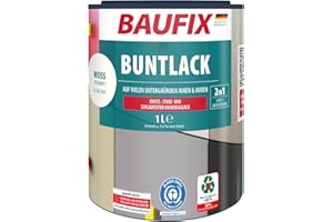 BAUFIX Buntlack weiss, seidenmatt, 1 Liter, Lackfarbe, wasserverdünnbar, für innen & außen, geeignet für Holz/Zink/Beton/Eisen/Mauerwerk