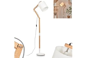 ‎HOFSTEIN Lampa podłogowa Tukchor, lampa podłogowa wykonana z metalu/tkaniny/drewna w kolorze białym/naturalnym, z regulowanym kloszem (Ø 21 cm) i włącznikiem nożnym, wysokość maks. 180 cm, 1 x E27, bez żarówki