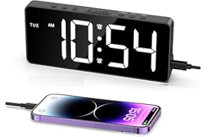 OQIMAX Cyfrowy budzik, duży LED zegar nocny, 5 poziomów jasności, zasilany przez USB/baterię, data, 3 poziomy głośności, 4 tryby alarmu, 12/24 h, funkcja DST