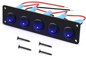 RUNCCI-YUN interrupteurs LED Bleu ronds à bascule 12-24V,Panneau de commutation de voiture,5 Gangs, Panneau de commutation 12V pour Voiture, Camion, Voitures de Course, Marine