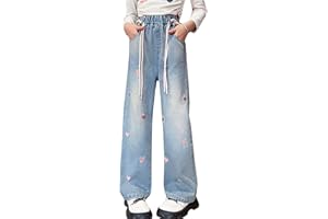 Hangzhikids Girls' Casual Heart Pattern Elastic Waist Wide-Leg Denim Pants Straight Jeans Age 5-14 Years