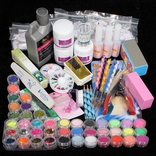 42 Acrylic Powder Liquid Brush Glitter Clipper Primer File Nail Art Tips Set Kit