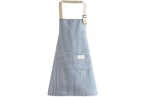 XIXKOLYU Fartuch kuchenny, fartuch kuchenny z kieszenią, fartuch z bawełny i lnu, do wycierania rąk, do gotowania, pieczenia, regulowany dla kobiet (niebieskie paski)
