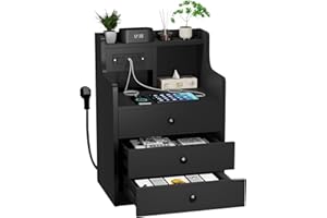 Rcynview Mesita de noche con enchufe,mesita auxiliar de madera,mesita de noche,mesita de noche,3 cajones,para almacenamiento,mesita de noche para salón,dormitorio,muebles,45 x 35 x 68 cm,Negro