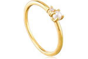 Kenivira Pearl Ring for Women 18K Gold Plated Freshwater Pearls Cubic Zirconia Band Ring for Women Girls Gift Ring Size J-R