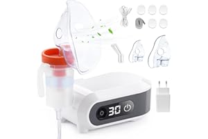 Wholede Nebulizador Comprimido, Nebulizador Portátil para Bebe Niños Adultos, Aerosol Inhalador Ultrasónico Silencioso con 2 Máscaras y Boquilla, Función Temporizador, Atomización Ajustable