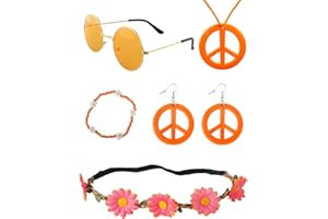 Heartsking 5 Pièces 60s Accessoires Hippie, Annees 70 Bandeaux Bracelets en Perles Lunettes Colliers et Boucles d'oreilles de la Paix, Accessoires Hippie pour Halloween Soirée Disco