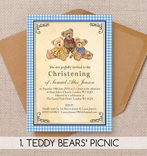 10 Personalised Teddy Bears' Picnic Christening / Baptism Invitations with Envelopes