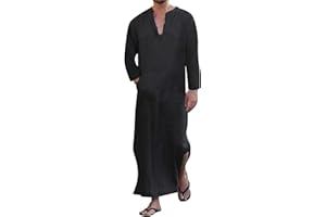 YAOHUOLE Men's Loose Linen V-Neck Long Sleeve Lounge Robes with Pockets