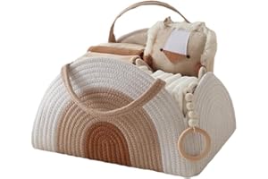 LELEWANGLUO Wickeltasche Organizer, Baby Windel Caddy Korb, Tragbarer Aufbewahrungskorb für den Wickeltisch, Wickelkorb Organizer mit Fächern & Griffen, Baumwollseilkorb für Babyparty Geschenke (Weiß braun)