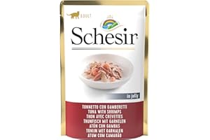 Schesir, Aliments humides pour Chats Adultes au goût Ton avec crevettes préparées en gelée Douce - Total 1,7 kg (20 sachets de 85 G)