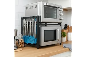 WaveRack - Expandable Microwave Shelf Stand Durable Steel, 2 Tier Countertop Rack for Kitchen Storage & Organisation with Hooks, Knife & Cutlery Holders, Space Saving Over Microwave Shelf Unit (Black)