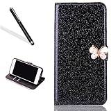 Galaxy S6 Edge Hülle,Bling Glitzer Hülle für Samsung S6 Edge,Leeook Luxus Noble Sparkle Schwarz PU Leder Handyhülle Schutzhülle Tasche Klapphülle Flip Folio Case Glitzer Book Stand Wallet Hülle Cover ID Card Karte Etui Skin Shell Handytasche Bumper mit Schmetterling Butterfly Magnetverschluß für Samsung Galaxy S6 Edge + 1 x Schwarz Eingabestift-Black