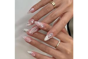 Krótkie sztuczne paznokcie MouyouGlow, migdał nude różowy biały łuk francuski 3D serce perła Schleife gwiazdy kryształowa prasa do paznokci z klejem do paznokci, srebrna gwiazda muszka