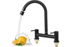 QCXWCJWD 2 Hole Bridge Mixer Taps, Kitchen Sink Mixer Tap with 2 Function Aerator, Hot and Cold Dual Lever Kitchen Taps, 180mm Centers Deck Mounted Faucet, 1/4 Turn, 360° Swivel Spout, Chrome(Black)