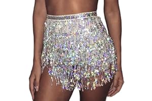 Carufin Jupe de danse du ventre pour femme Ceinture de hanche Sequin Tassel Jupe Hip Wrap Écharpe Rave Music Festival Costume (argent)