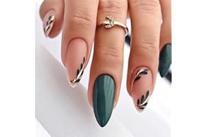 JUSTOTRY 24 Pcs Stiletto False Nails Short with Leaves,Dark Green French Press on Nails Pattern,Pretty Fake Nails Short with Nail Glue,Almond Stick on Nails for Women, Nails Fake Nail for Nails Art