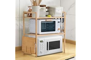 WODFARR Support à Micro-Ondes en Bambou, Etagere Rangement Cuisine avec 4 Crochets et Support de Planche à Découper, Etagère de Four, Porte-épices (Couleur Bois-3 Couches, 52x37x65 cm)