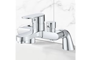 AIMOYO Bath Shower Mixer Tap Modern Bath Taps Single Lever Monobloc Shower Mixer Deck Mounted Bathtub Faucet Tub Filler Chrome, Solid Brass, 1/2'' Outlet, 180mm Centres, with Tub Filler Spout