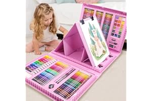 XDISHYN 208 PCS Art Supplies, BRAND Drawing Kit for Kids Adults Art Set with Double Sided Trifold Easel, Oil Pastels, Crayons(Pink)