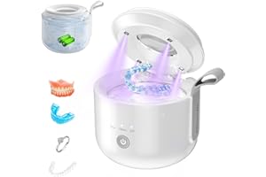 Jeatone Pulitore Ultrasuoni, 48kHz Portatile Pulitore Ultrasuoni Apparecchio Denti con Luce UV, 125ML Dental Cleaner Pod a 3 Modalità per Protesi, Bite, Allineatori, Testine Spazzolino e Gioielli