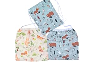 Hoxycom 2 Serviettes Table Enfant en Coton et Éponge, Grand Bavoir Elastique Maternelle Français avec Sac à Dos - Taille Idéale pour Cantine et Maternelle (Animaux)