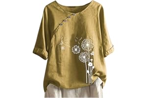 FunAloe Linen Tops for Women UK Elegant Summer Tops Casual Cotton and Linen Dandelion Print Button-Down O-Neck Short Sleeve T-Shirt Top Fitness Basic Tops Women Loose Tops Clearance Boho Tops