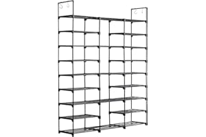 QIUFEN Étagère Chaussure à 9 Niveaux, Porte Chaussures, Etagere Chaussure en Métal, Meuble Chaussures avec Crochets pour 50-60 Paires, pour Entrée, Salon, Chambre, 127 x 30 x 157 cm, Noir