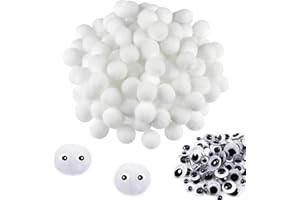 Canollo Pompons zum Basteln Weiße, 100 Stück Pompoms, 25mm Groß Filzkugeln, Flauschigen Plüsch Bälle Bommel zum Basteln mit 56 Stück Selbstklebend Wackelaugen für Lustige DIY Kreative Handwerk