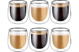 glastal 6 * 100ml (4oz) Tazas de Café de Cristal, Vasos de Espresso de Doble Pared Transparente,Tazas de Vidrio Borosilicato para Té, Café