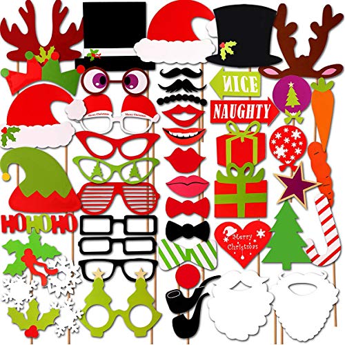 Joy.J Props de Noël Photo Booth Accessoires de Photobooth Noël Santa Party Kit Christmas Masquerade Accessoires Lèvre, Lunettes, Nuds Papillon, Moustache avec Bâton