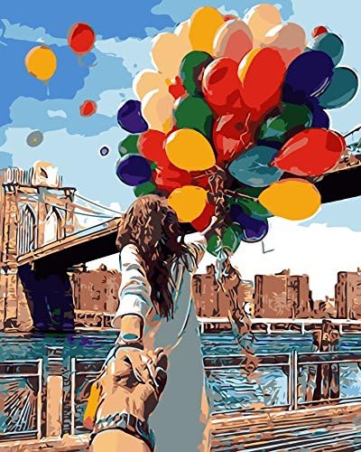 IPLST@ Unframed DIY Oil Paintings,Paint by Numbers Kits ,Woman Holding Air Balloon Canvas Art Wall Decals -16x20inch