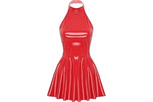 Linjinx Dam lack läderklänning wetlook festklänning nackhållare miniklänning rygglös veckad klänning kort tajt omlottklänning