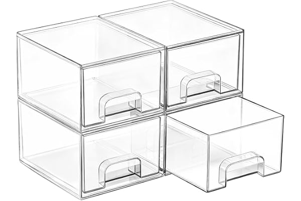 Vtopmart 4-pack stapelbara förvaringslådor, organisatör i akryl med 32 halkfria dynor, akryllådor för byrå och badrum
