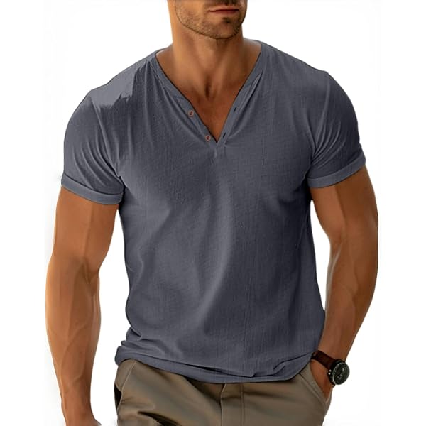 T-shirt Homme Col Tunisien LAOARA - Coton Doux - Style Vintage à Boutons - Taille M à 3XL