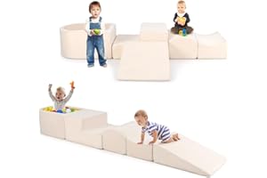 HOMFME Parcours Motricité 5 Pièces pour Enfant 3+ Ans, Aire de Jeux en Mousse Haute Densité Montessori avec Fosse à Balles pour Grimper et Ramper, Idéal pour Chambre d’Enfant, Intérieur, Beige