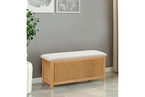 Hallowood Furniture Solid Oak Large Blanket Box With Cushioned Seat, Wooden Storage Box, Toy Storage Trunk Chest for Living Room, Wooden Ottoman Bench with Lid for Bedroom