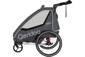 ‎QERIDOO Qeridoo Fahrradanhänger QUPA 2 Grey mit Blattfederung, zusammenfaltbare Kabine, ausbaubare Rückbank, Buggy, Trailer, Höhenverstellbarer Schiebegriff, 5-Punkt Gurtsystem, für 2 Kinder