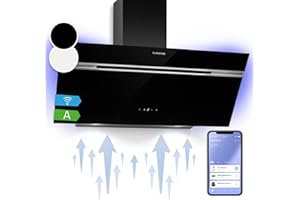 Klarstein Alina Cooker Hood - 90cm Smart Control, 615 m³/h Airflow, A Energy Efficiency, LED Lighting, Quiet 54 dB, Black, Ducted & Recirculating, Includes Carbon Filters, Black