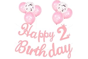 Yiran Girls Happy 2nd Birthday Banners Pink Happy 2 Birthday Banner Bunting with 6pcs Latex Printed 2nd Birthday Balloons & 2pcs Confetti Balloons Girls Happy Birthday Party Decorations Supplies