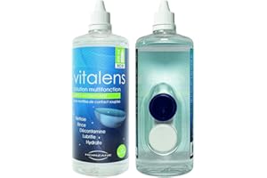 Solution multifonction pour lentilles de contact ● Format eco 400ml ● Décontamine, nettoie, rince, déprotéinise et hydrate ● Produit pour lentilles formulé avec acide hyaluronique ● Vitalens