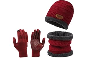 FUNLOV Winter Hat Scarf Gloves Set, Thermal Warm Knitted Beanie Cap Circle Neck Warmer Touchscreen Glove Outdoor Sports Super Soft Fleece Inner Lining Stretchy Elastic Gift for Men Women