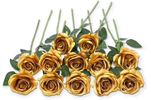 Laelfe 12 Pcs Gold Artificial Roses, 21in Realistic Single Long Stem Silk Flowers Fake Gold Rose Bridal Bouquet for Christmas Wedding Home Party Hotel Garden Decoration