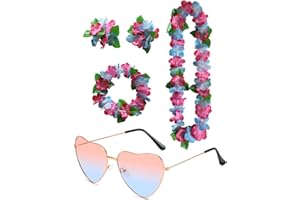 CULEB Conjunto de Lei Hawaiano+Gafas Sol Forma de Corazón,Collares, Diademas y Pulseras Hawaianas,Ropa Fiesta La Playa,para Animadoras,Fiesta de Cumpleaños,Carnaval,Fiesta de Playa etc
