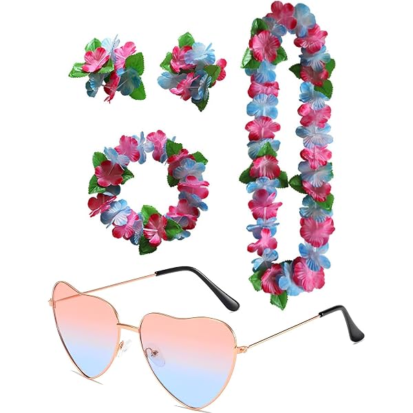 CULEB Set Hawaïen Fleuri - Collier, Bandeau, Bracelets Et Lunettes Cœur - Parfait Pour Fêtes, Plage, Mariage