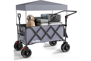 STROLKING 3 in 1 Bollerwagen Faltbar mit Bremsen 150L 136KG Belastbar,Utility Bollerwagen mit abnehmbarem Verdeck, mit großen All-Terrain-Strandrädern und Getränkehaltern, Grau