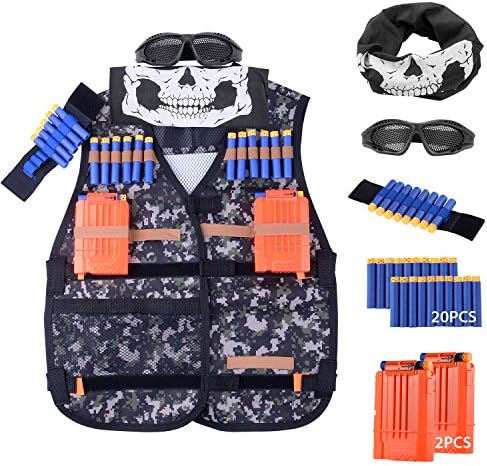 Kids Tactical Vest Kit for Nerf Guns N-Strike Elite Series, with 20 Pcs Refill Darts, 2 Reload Clips, Face Tube Mask and Protective Mesh Glasses
