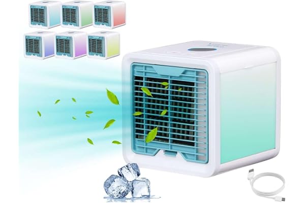BEPER P206RAF200 Minibordskylare, luftfuktare, bärbar personlig luftkonditionering, USB -kabel, 3 hastigheter, 7 LED -kromoterapiljus, mini luftkylare