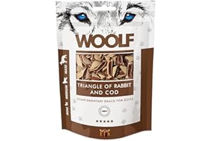 WOOLF Snacks Naturales para Perros | Triángulos De Conejo + Bacalao Sin Conservantes | Chuches Perros Naturales - Dog Treats Saludables con Omega 3 para Pelo Y Piel | 100g