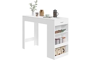 WOLTU Tavolo da Bar, Bancone da Bar con 1 Cassetto e 3 Ripiani, Tavolo Penisola per Cucina, Pub, Bistrot, Legno Ingegnerizzato (Bianco, Centimetri, 90, Centimetri, 50, Centimetri, 120)